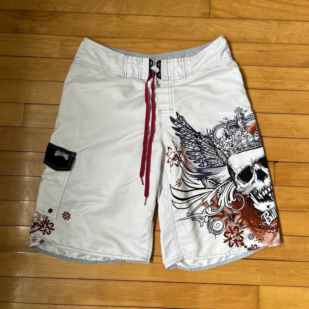 Billabong Mens White Skull Wing Graphic Board Shorts Size 32 y2k surf